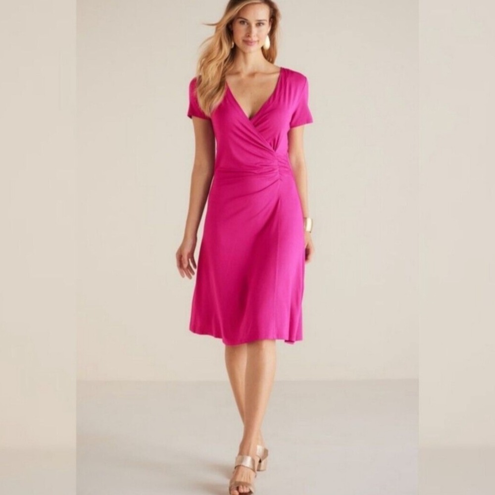 Soft Surroundings Giselle Dress Fiery Fuchsia Pink Ruched V-Neck Plus Size 1X